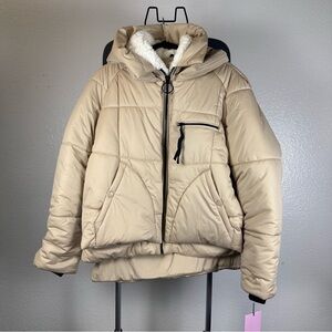 Avec les Filles Tan Hooded Puffer Jacket with Sherpa Lining